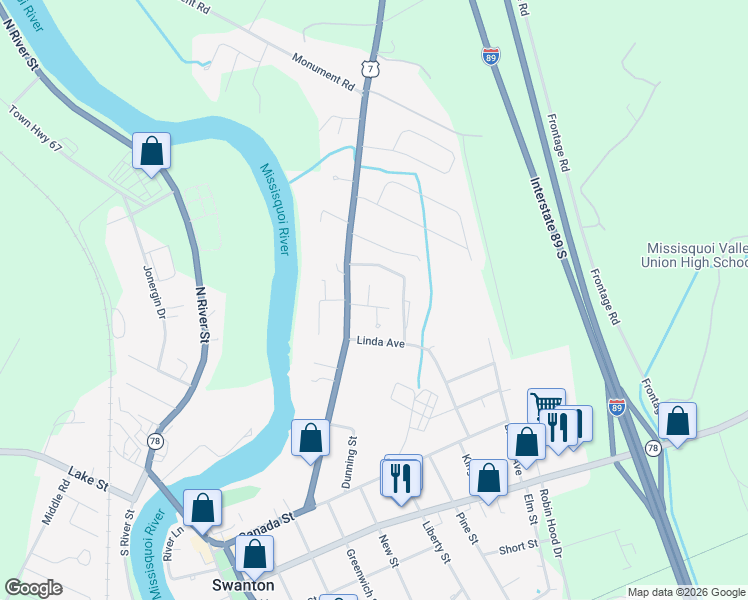 map of restaurants, bars, coffee shops, grocery stores, and more near 2 Charles Street in Swanton