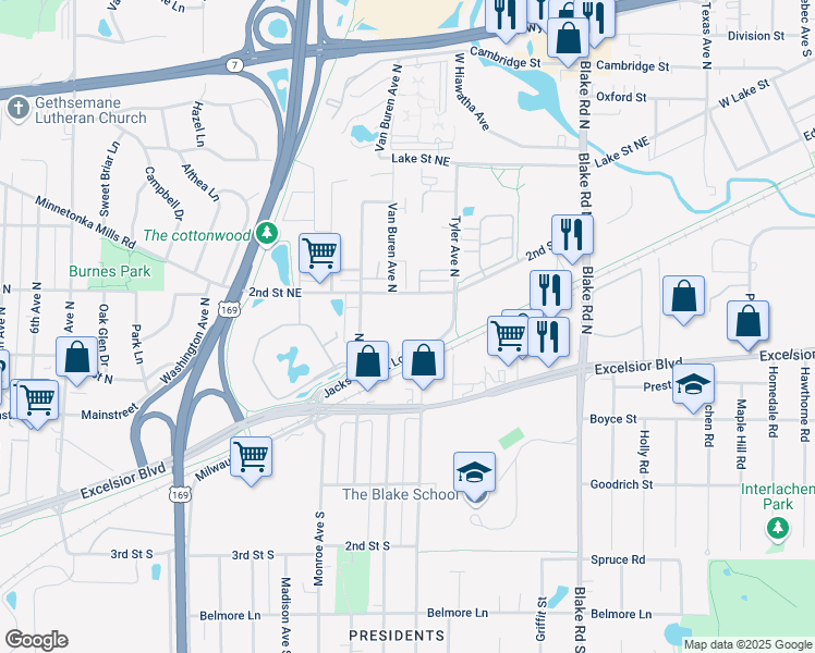 map of restaurants, bars, coffee shops, grocery stores, and more near 720 Jackson Avenue North in Hopkins