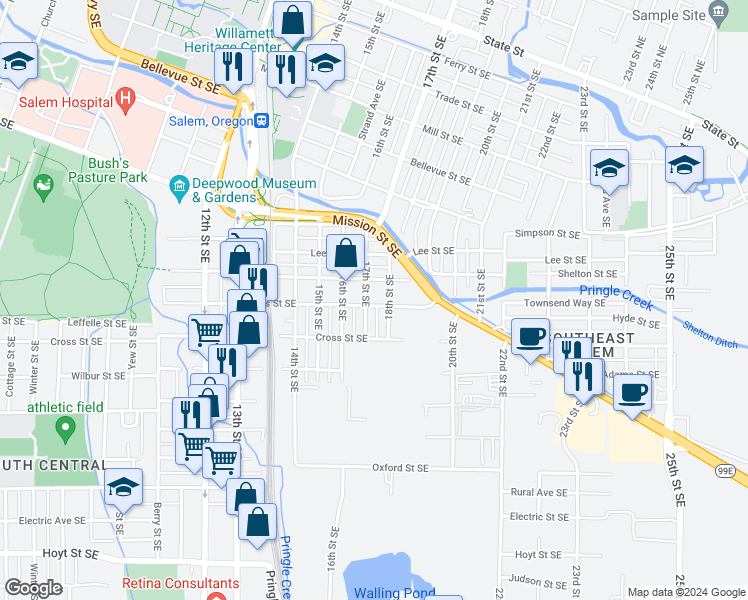 map of restaurants, bars, coffee shops, grocery stores, and more near 1658-1678 Hines Street Southeast in Salem