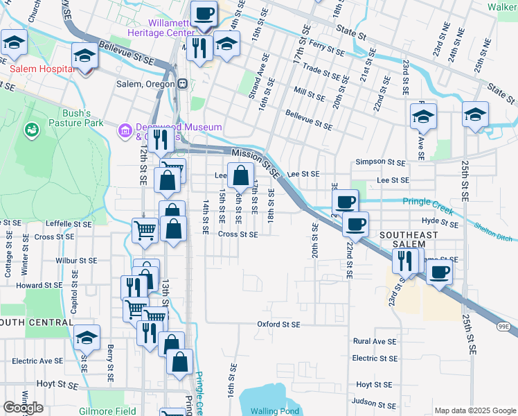 map of restaurants, bars, coffee shops, grocery stores, and more near 1658-1678 Hines Street Southeast in Salem