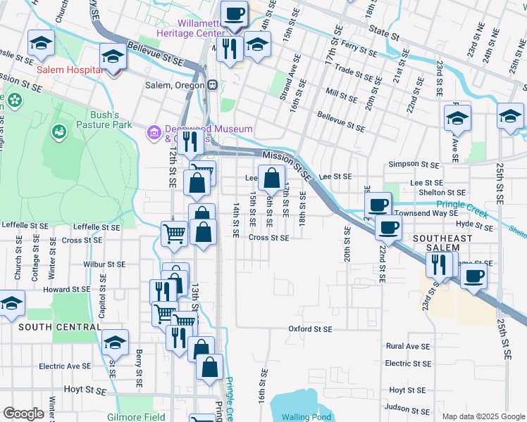 map of restaurants, bars, coffee shops, grocery stores, and more near 1130 15th Street Southeast in Salem