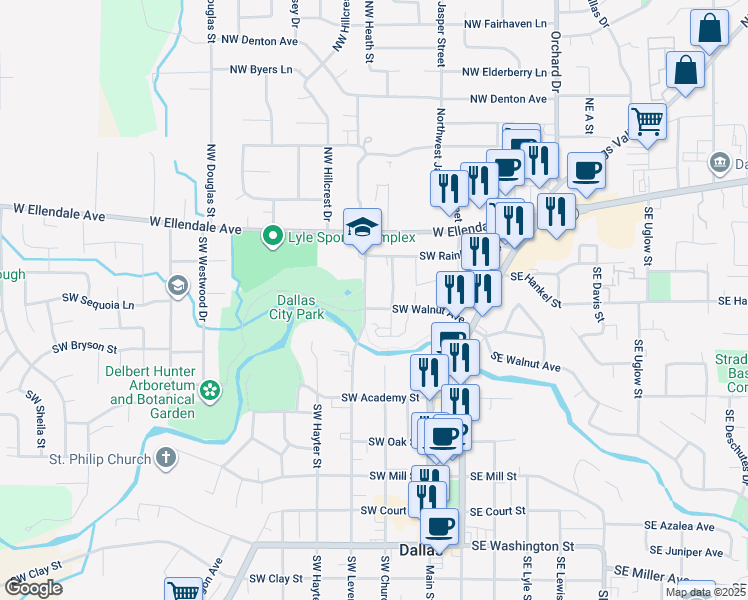 map of restaurants, bars, coffee shops, grocery stores, and more near 297 Southwest Walnut Avenue in Dallas