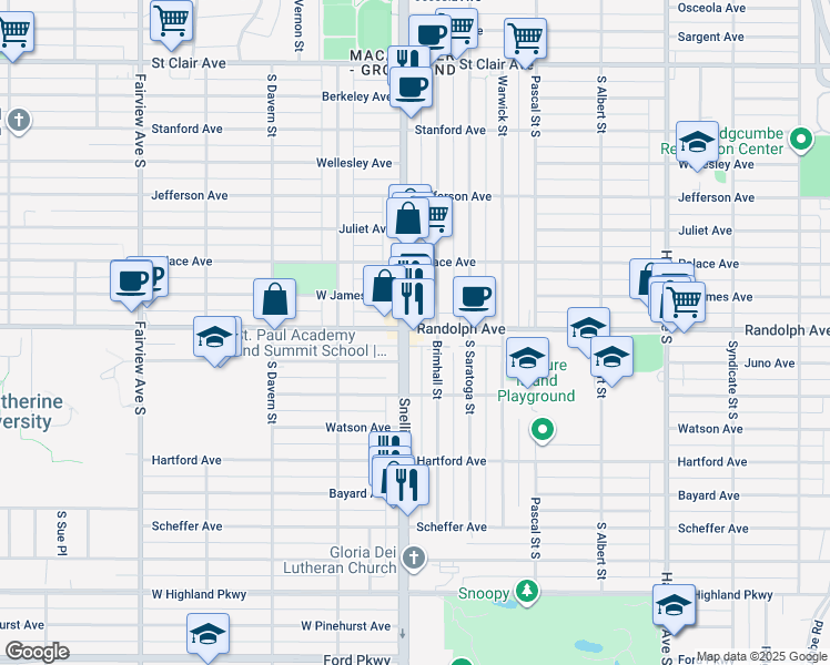 map of restaurants, bars, coffee shops, grocery stores, and more near 496 Snelling Avenue South in Saint Paul