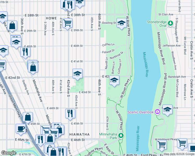 map of restaurants, bars, coffee shops, grocery stores, and more near 4215 45th Avenue South in Minneapolis