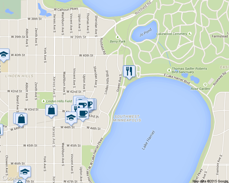 map of restaurants, bars, coffee shops, grocery stores, and more near 4236 Queen Avenue South in Minneapolis