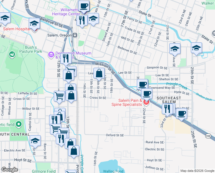 map of restaurants, bars, coffee shops, grocery stores, and more near 1658-1678 Hines Street Southeast in Salem