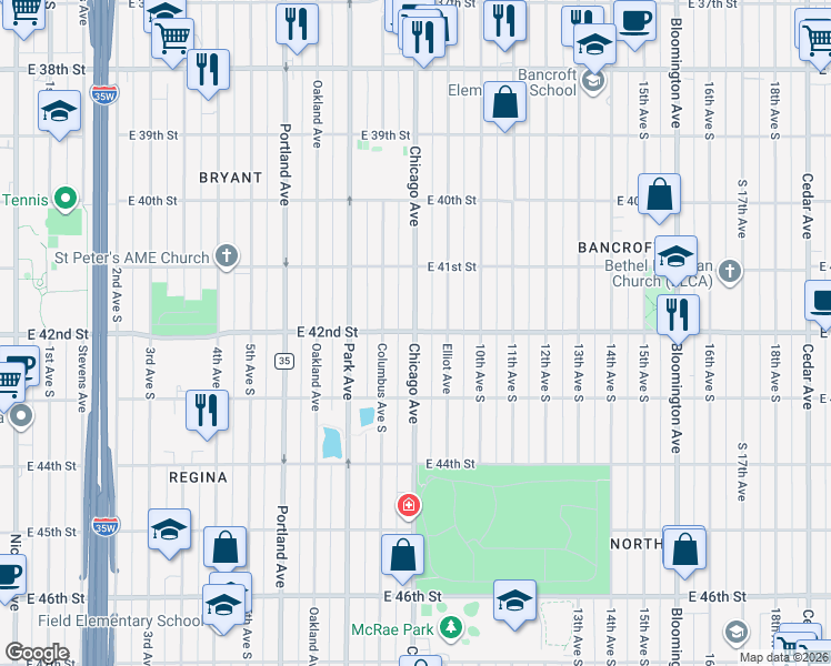 map of restaurants, bars, coffee shops, grocery stores, and more near Chicago Ave S & E 42nd St in Minneapolis