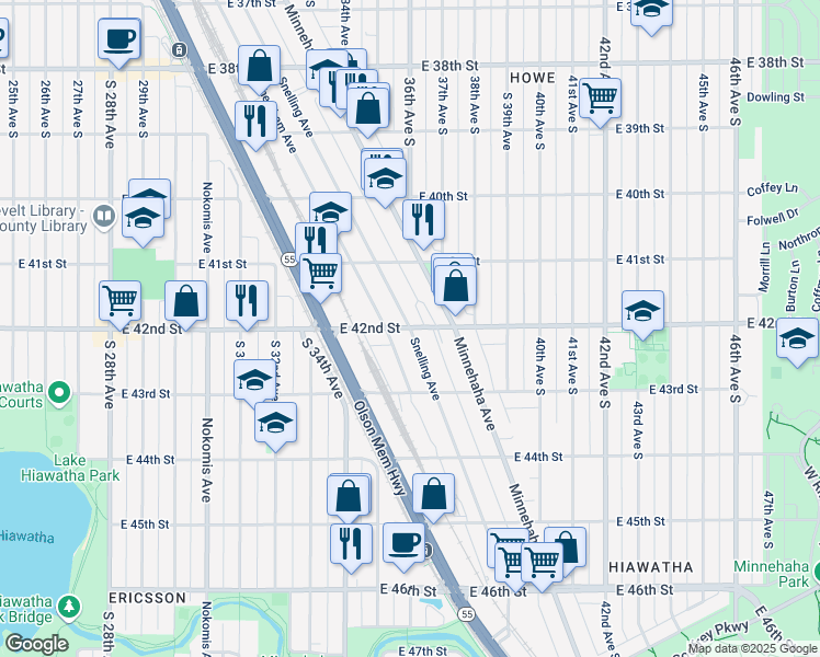 map of restaurants, bars, coffee shops, grocery stores, and more near E 42nd St & Snelling Ave S in Minneapolis