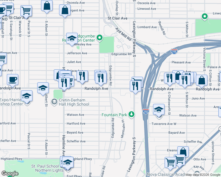 map of restaurants, bars, coffee shops, grocery stores, and more near Edgcumbe Road in Saint Paul