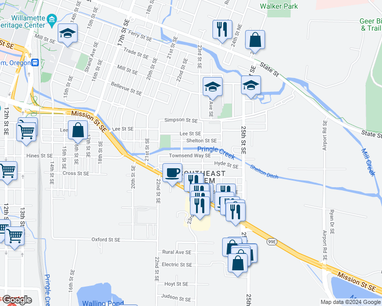 map of restaurants, bars, coffee shops, grocery stores, and more near 2271 Townsend Way Southeast in Salem