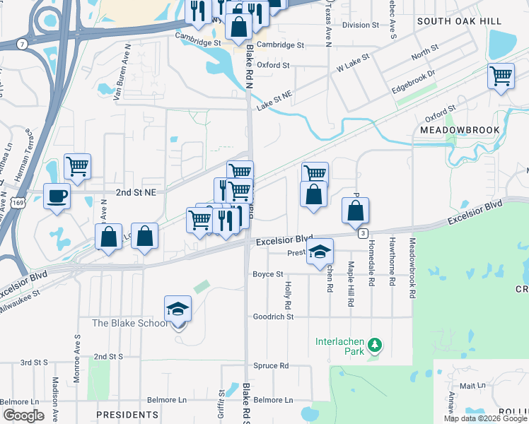 map of restaurants, bars, coffee shops, grocery stores, and more near 101 Blake Road North in Hopkins