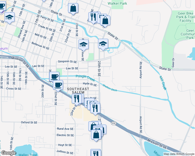 map of restaurants, bars, coffee shops, grocery stores, and more near 899 25th Street Southeast in Salem