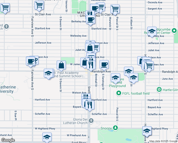map of restaurants, bars, coffee shops, grocery stores, and more near 496 Snelling Avenue South in Saint Paul