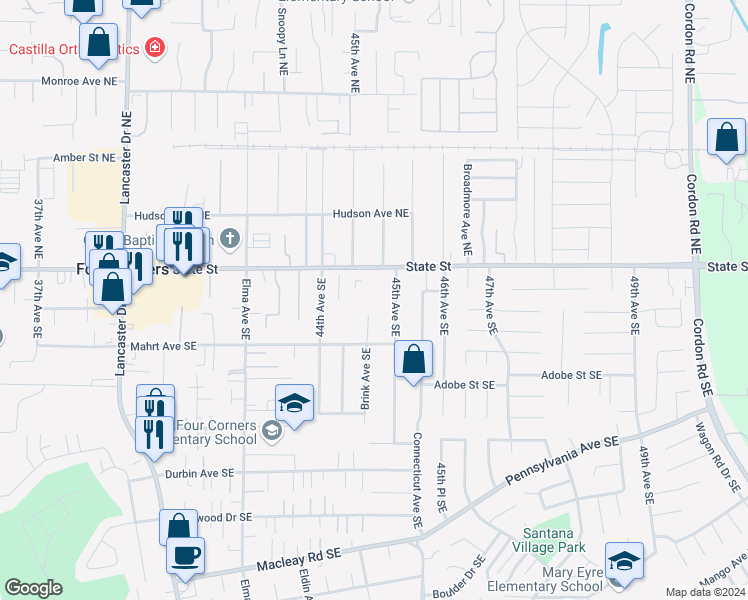 map of restaurants, bars, coffee shops, grocery stores, and more near 240 Brink Court Southeast in Salem