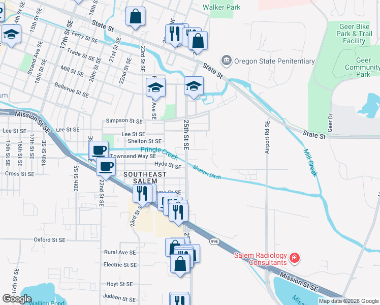 map of restaurants, bars, coffee shops, grocery stores, and more near 890 25th Street Southeast in Salem