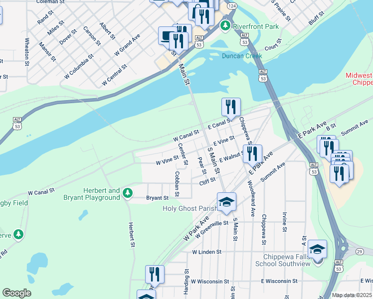 map of restaurants, bars, coffee shops, grocery stores, and more near 110 Pear Street in Chippewa Falls