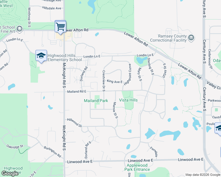 map of restaurants, bars, coffee shops, grocery stores, and more near 488 Crestview Drive South in Maplewood