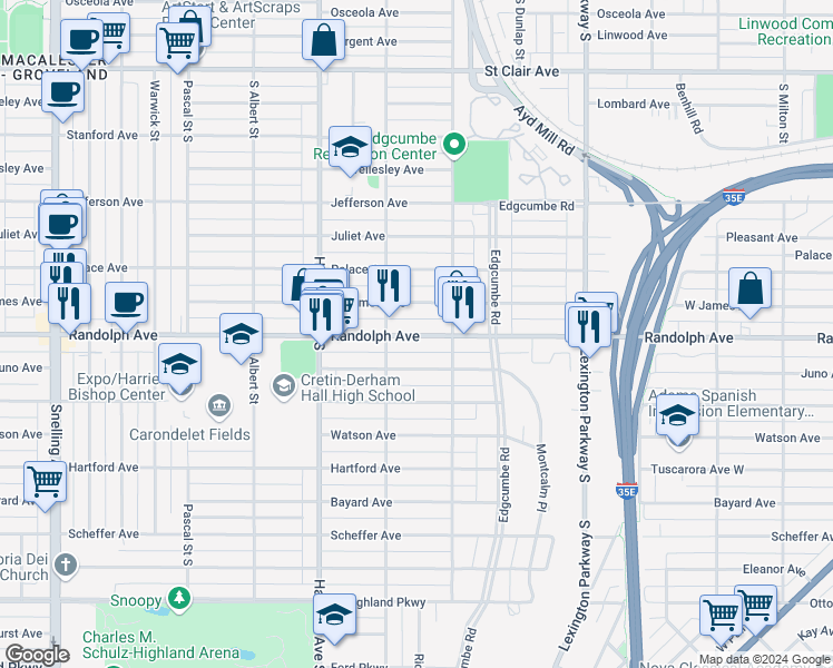 map of restaurants, bars, coffee shops, grocery stores, and more near 1247 Juno Avenue in Saint Paul