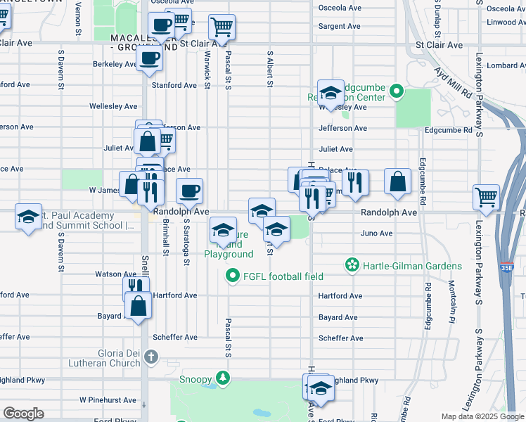 map of restaurants, bars, coffee shops, grocery stores, and more near in Saint Paul