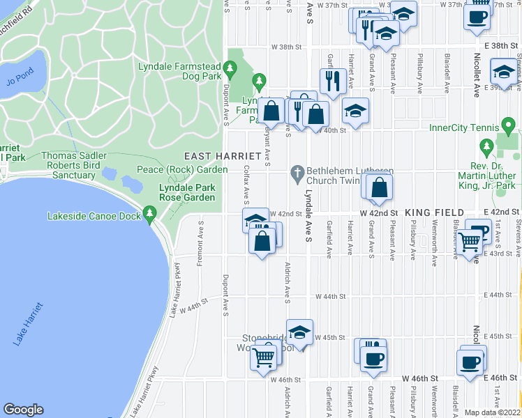 map of restaurants, bars, coffee shops, grocery stores, and more near 4208 Bryant Avenue South in Minneapolis