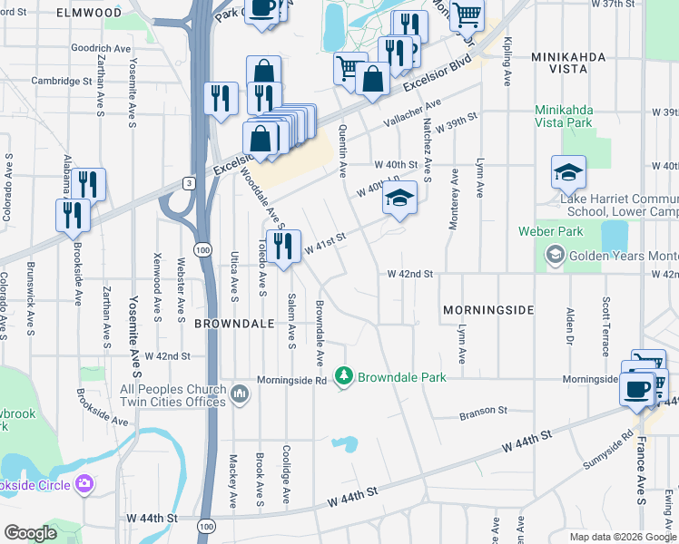 map of restaurants, bars, coffee shops, grocery stores, and more near 4204 Raleigh Avenue in Minneapolis