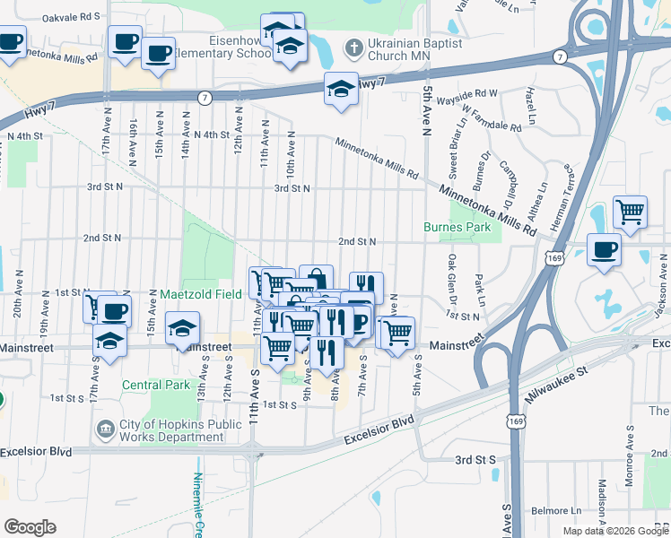 map of restaurants, bars, coffee shops, grocery stores, and more near 109 8th Avenue South in Hopkins