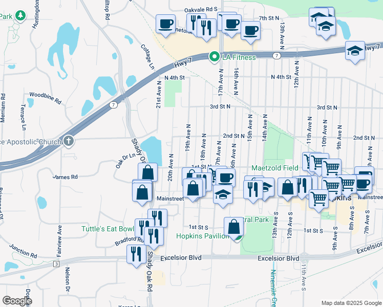 map of restaurants, bars, coffee shops, grocery stores, and more near 106 18th Avenue North in Hopkins