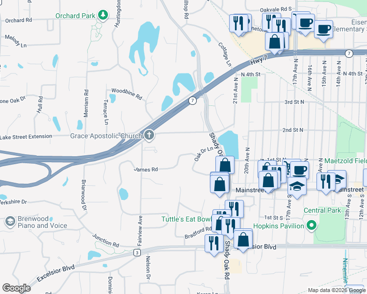 map of restaurants, bars, coffee shops, grocery stores, and more near 11901 James Road in Minnetonka