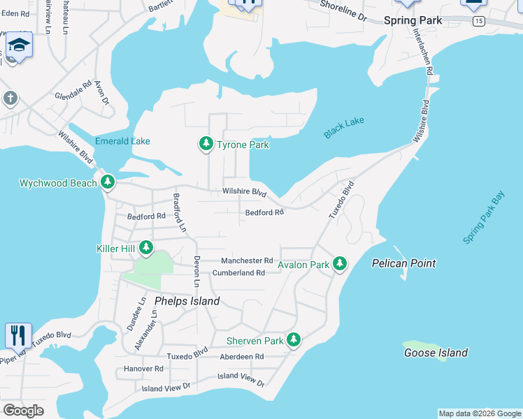 map of restaurants, bars, coffee shops, grocery stores, and more near 4651 Bedford Road in Mound