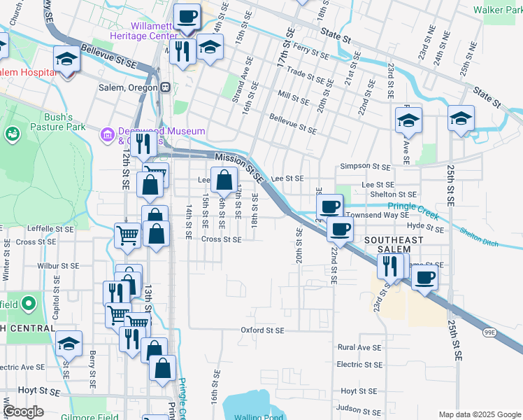 map of restaurants, bars, coffee shops, grocery stores, and more near 1806 Hines Street Southeast in Salem