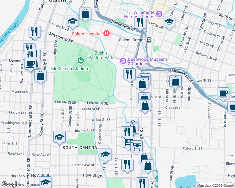 map of restaurants, bars, coffee shops, grocery stores, and more near 1107 Hines Street Southeast in Salem