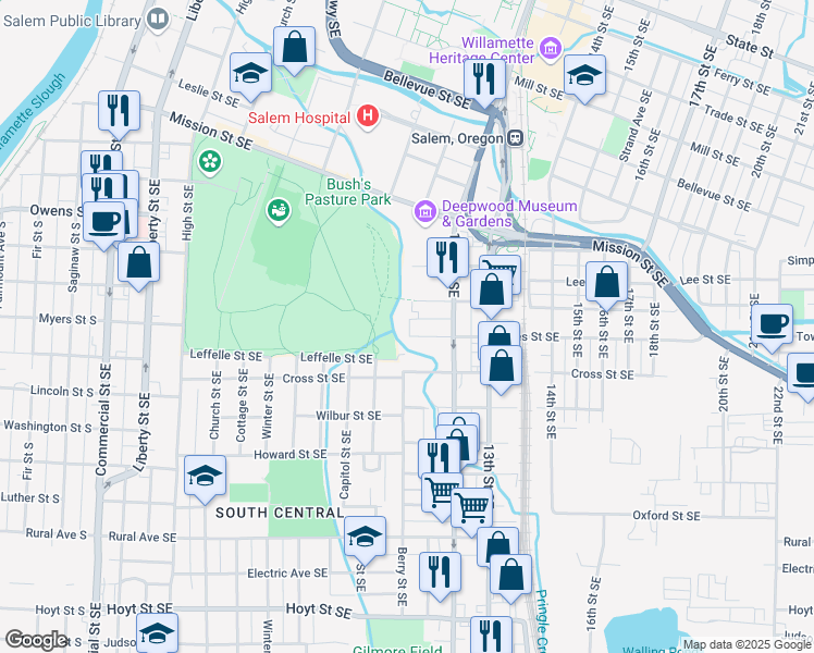 map of restaurants, bars, coffee shops, grocery stores, and more near 1107 Hines Street Southeast in Salem