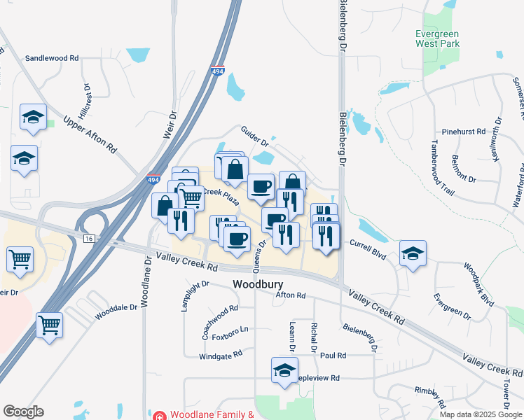 map of restaurants, bars, coffee shops, grocery stores, and more near 7200 Valley Creek Plaza in Woodbury