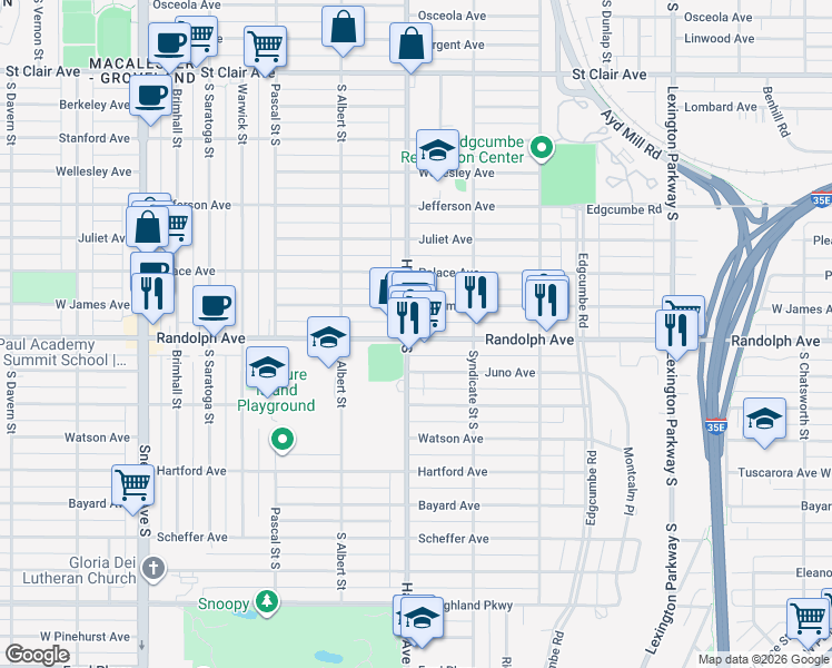map of restaurants, bars, coffee shops, grocery stores, and more near 1333 Randolph Avenue in Saint Paul