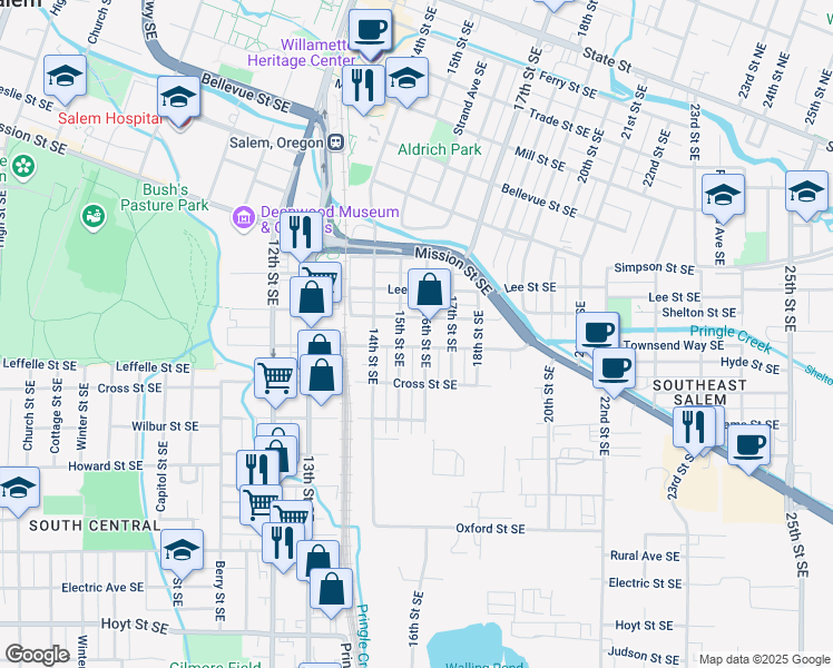 map of restaurants, bars, coffee shops, grocery stores, and more near 1130 15th Street Southeast in Salem