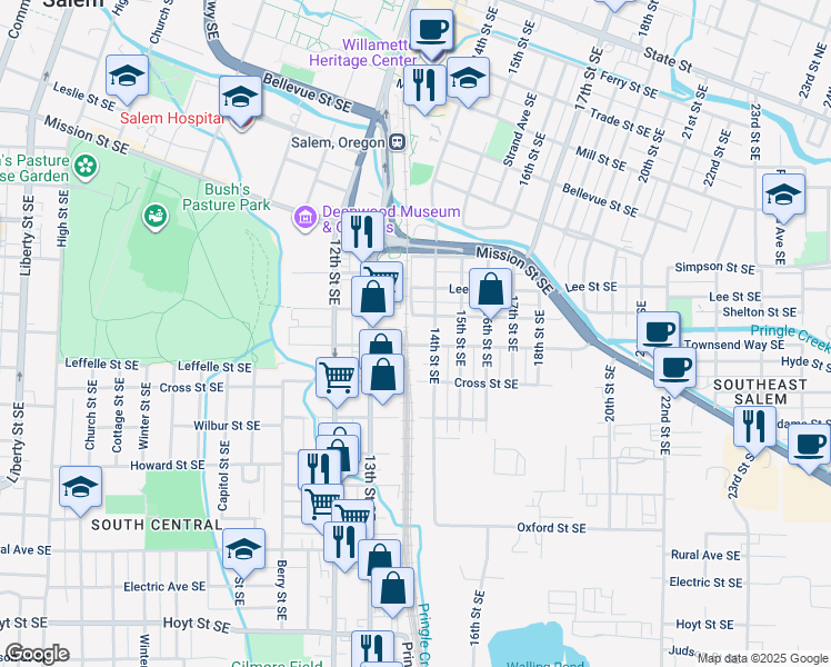 map of restaurants, bars, coffee shops, grocery stores, and more near 1125 14th Street Southeast in Salem