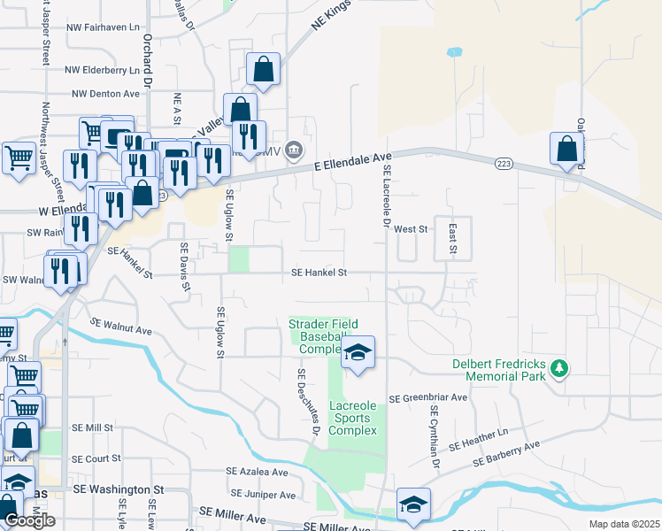 map of restaurants, bars, coffee shops, grocery stores, and more near 561 Southeast Hankel Street in Dallas