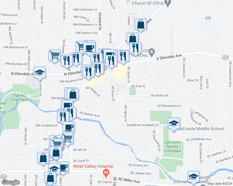 map of restaurants, bars, coffee shops, grocery stores, and more near 327 Southeast Hankel Street in Dallas