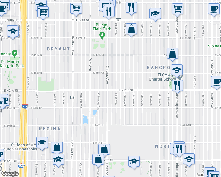 map of restaurants, bars, coffee shops, grocery stores, and more near 4209 Chicago Avenue in Minneapolis
