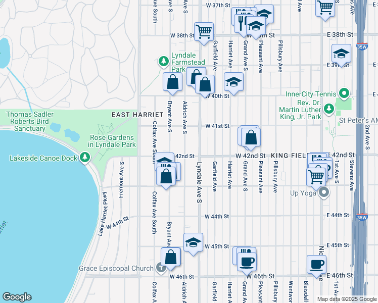 map of restaurants, bars, coffee shops, grocery stores, and more near 4209 Aldrich Avenue South in Minneapolis
