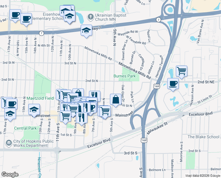 map of restaurants, bars, coffee shops, grocery stores, and more near 110 5th Avenue North in Hopkins