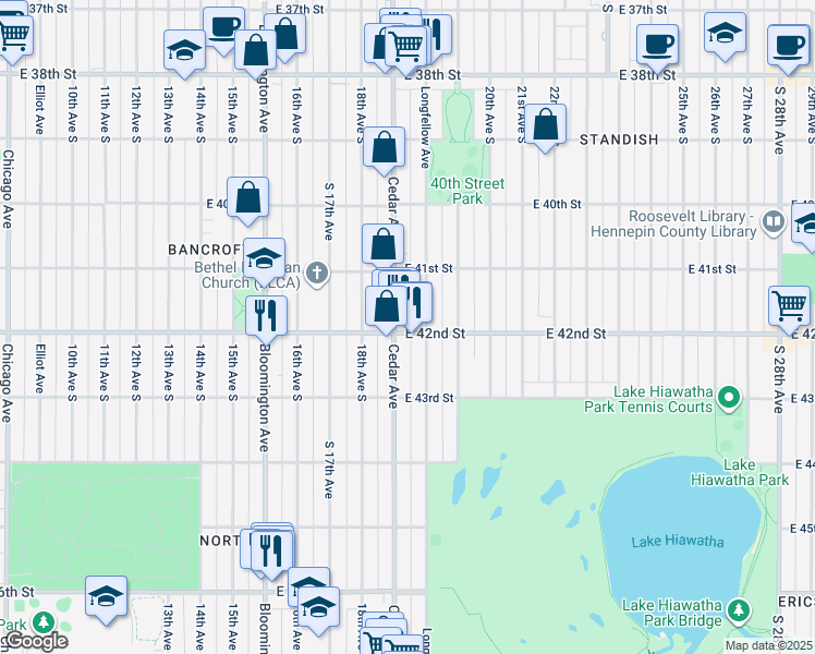 map of restaurants, bars, coffee shops, grocery stores, and more near 4204 Cedar Avenue in Minneapolis