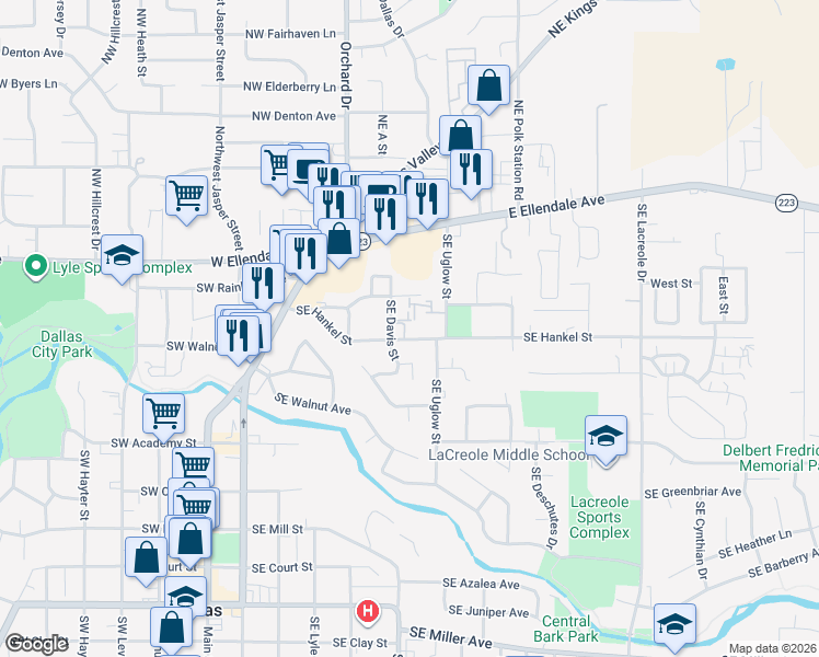 map of restaurants, bars, coffee shops, grocery stores, and more near 332 Southeast Hankel Street in Dallas