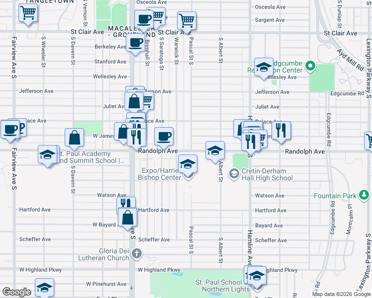 map of restaurants, bars, coffee shops, grocery stores, and more near 1480 Randolph Avenue in Saint Paul