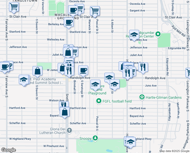 map of restaurants, bars, coffee shops, grocery stores, and more near 1469 Randolph Ave in St Paul