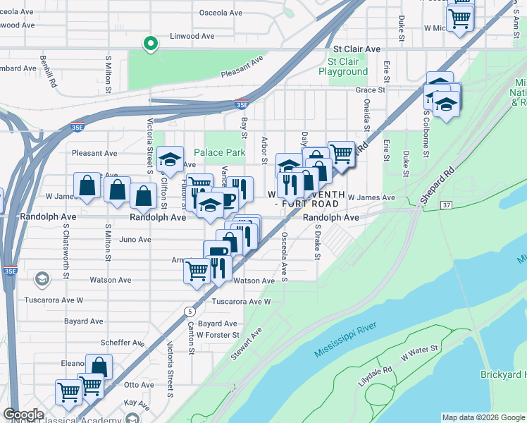map of restaurants, bars, coffee shops, grocery stores, and more near 1031 7th Street West in Saint Paul