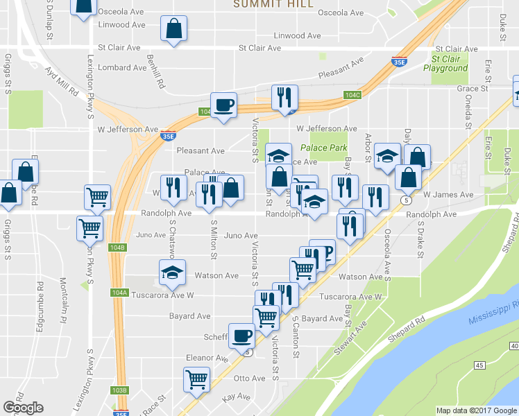 map of restaurants, bars, coffee shops, grocery stores, and more near 859 Randolph Ave in St Paul