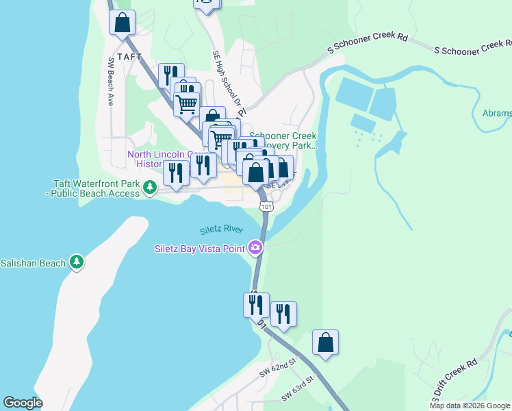 map of restaurants, bars, coffee shops, grocery stores, and more near Oregon Coast Hwy in Lincoln City