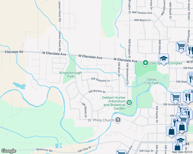 map of restaurants, bars, coffee shops, grocery stores, and more near 1118 Southwest Sequoia Lane in Dallas