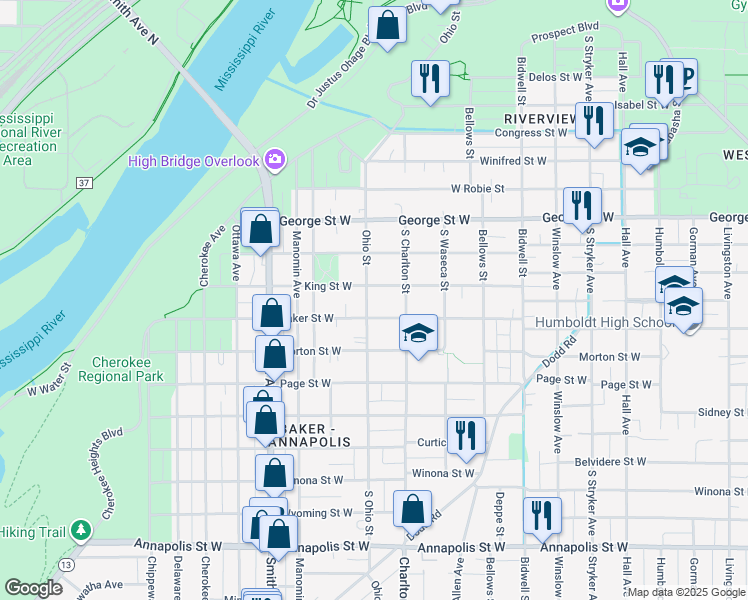 map of restaurants, bars, coffee shops, grocery stores, and more near 624 Ohio Street in Saint Paul
